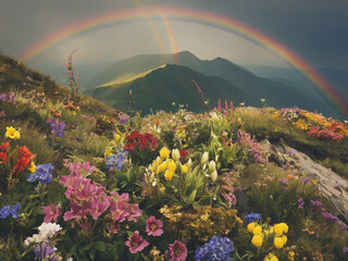 Photograph of Flowers plants on the mountain landscape on morning , with rainbow