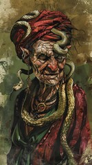 Old witch woman with snakes in hair. character design watercolor and pencil. red gold green