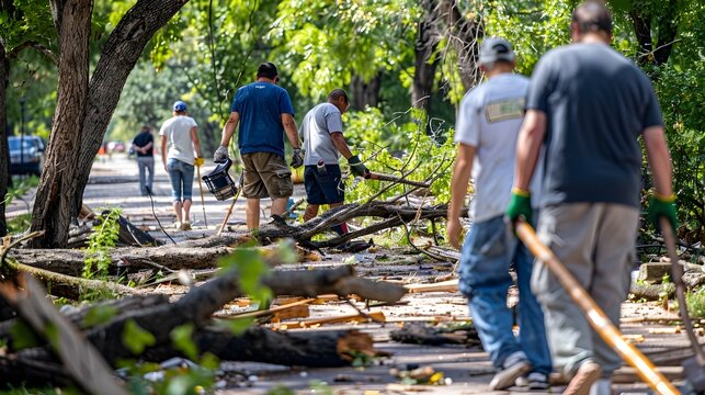 Dedicated Volunteers Clearing Storm Debris in Community Park for Ecological Renewal