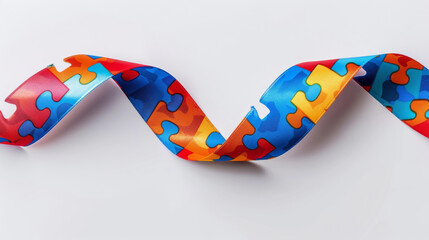 Vibrant puzzle-patterned ribbon symbolizing support for autism awareness, isolated on white