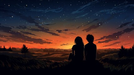 The couple is sitting on a hill, watching the sunset