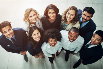 Business people, happy and portrait of group with top view in office for corporate staff, finance team and diversity. Collaboration, professional employees and HR with smile for recruitment or career