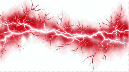 a striking abstract pattern of branching red and white lightning-like lines that resemble nerve cells or fractal patterns, set against a soft, faded red background
