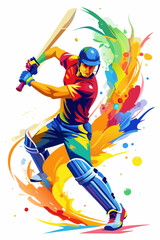 Obraz premium Vibrant cricket batsman swinging a bat emerges from colorful paint splashes isolated on a white background for sports advertising.