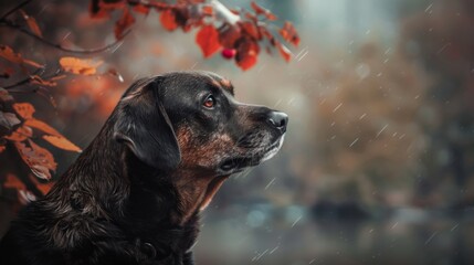 portrait of a black dog on a nature rainy background 