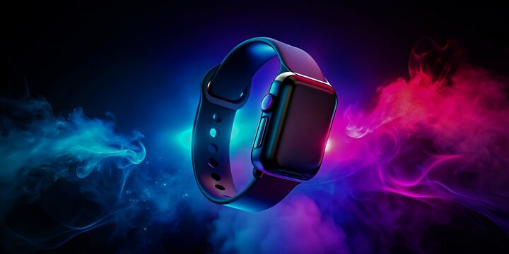 Smartwatch production photo with neon lighting - Powered by Adobe