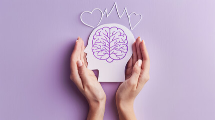 Hands holding a paper cutout of a head with a brain, representing autism on a purple background - obrazy, fototapety, plakaty