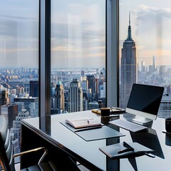 An empty product placement on a sleek desk inside a high-rise modern office, overlooking the...