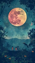 Pink and yellow moon, dark sky with stars, children and big dark birds in mistic forest