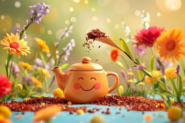 Whimsical Rooibos Tea Time A Playful of a Cheerful Teapot and Smiling Mug