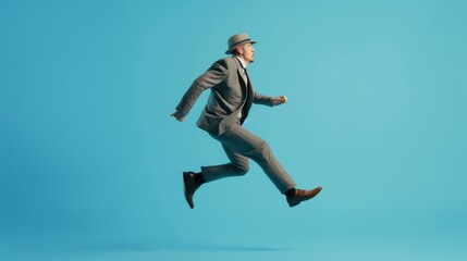 Obraz premium A man in a suit and hat jumping in the air. Perfect for business and success concepts