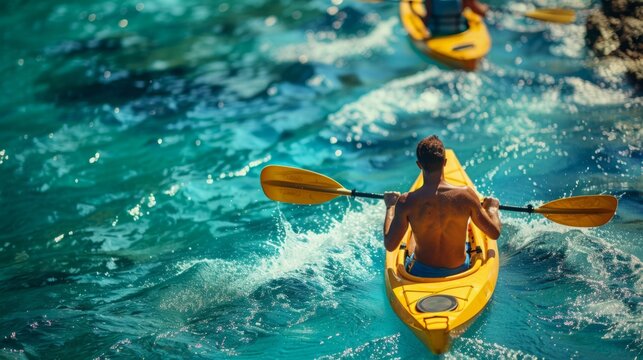 A group of individuals paddling kayaks on a body of water. - Powered by Adobe