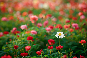 Fototapeta premium Lone daisy in a field of roses, capturing the beauty of standing out and leading differently