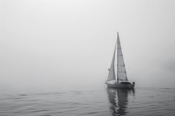 Fototapeta premium Lone sailboat navigating through fog, representing the clarity and direction provided by true leaders 