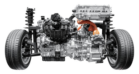 Mock up car engine and tire isolated on white background with clipping path