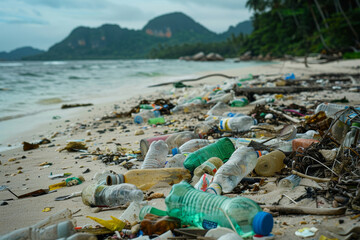 Tragic display of environmental pollution, with plastic debris littering a beautiful beach, overshadowing natural scenery with toxic waste