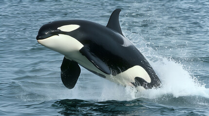 A magnificent killer whale jumping over the blue sea surface