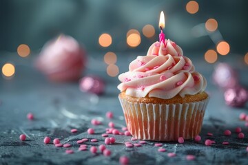 Birthday cupcake with candle. AI generated