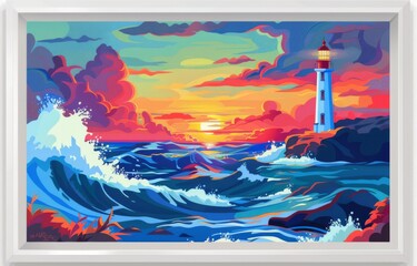 landscape with sea and sky， Anime Lighthouse Poster in Vibrant Frame