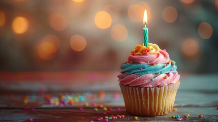 Birthday cupcake with candle. AI generated