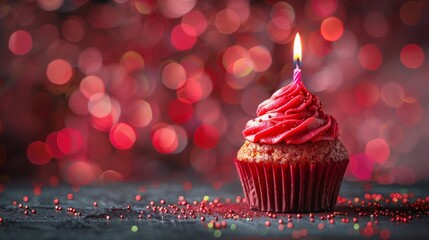 Birthday red cupcake with candle. AI generated