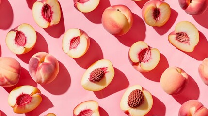 Peach slices and whole, shot from above, making a fun pattern on a bright pastel color background, magazine cover photo