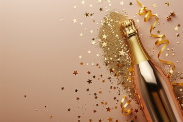 A luxurious flat lay background of a golden champagne bottle, scattered with golden stars and party streamers, suitable for a wedding, birthday, or Christmas, with generous copy space. AI generated