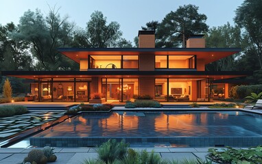 Mid-century modern home, nighttime, pool in foreground