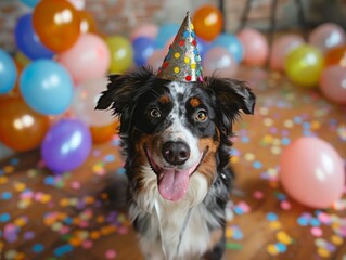 A playful dog at its birthday party, wearing a sparkly hat and pawing at the balloons around its decorated space. AI generated