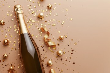 A luxurious flat lay background of a golden champagne bottle, scattered with golden stars and party streamers, suitable for a wedding, birthday, or Christmas, with generous copy space. AI generated