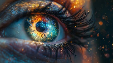 A surreal and colorful depiction of the human eye, with the iris and pupil transforming into a spiraling galaxy of colors. AI generated