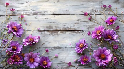 A rustic American style watercolor painting featuring a cluster of purple asters, with a focus on texture and detail, against a gray wooden backdrop. AI generated