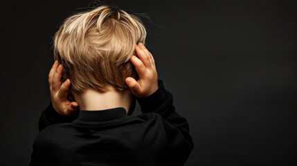 Conceptual portrait of a child with signs of autism, covering their ears to block noise