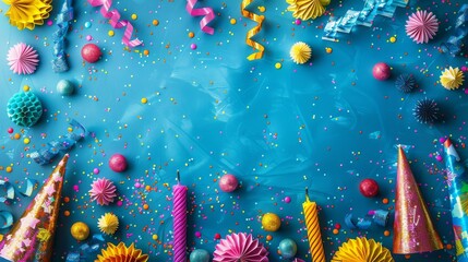 Birthday frame showcasing party items against a blue background. AI generated