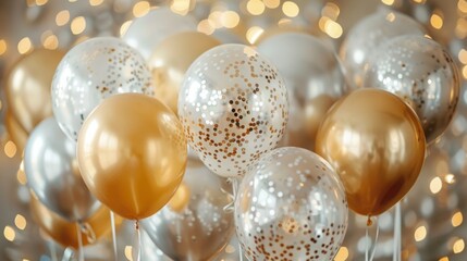 Sparkling birthday balloons in gold and silver, adding a touch of glamour to the birthday festivities. AI generated