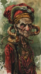 Old witch woman with snakes in hair. character design watercolor and pencil. red gold green