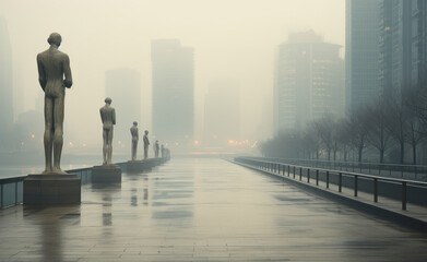 Fototapeta premium Serene Urban Morning with Statues and Fog