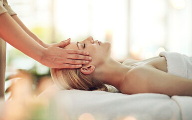 Hands, woman and head massage at spa for health, wellness or relax for hospitality at resort....
