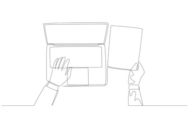 Continuous one line drawing of one hand typing on laptop and another hand holding document, entering raw data into system concept, single line art.