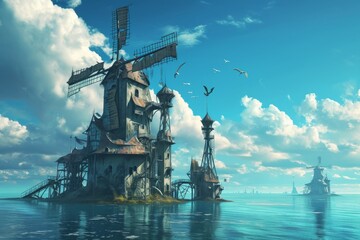 Windmill park in the ocean, windmills in the sea view, Ai generated