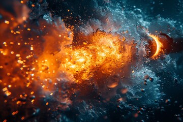Luminescent underwater explosion with vibrant orange light and air bubbles - obrazy, fototapety, plakaty