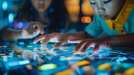 Diverse Children Coding Mobile Apps on Colorful Digital Tablets