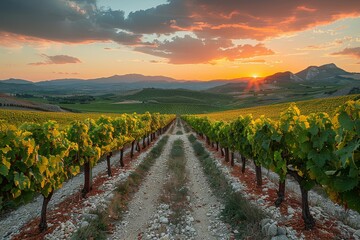 Fototapeta premium The warm glow of the golden hour emphasizes the rolling hills of a picturesque vineyard under a dramatic sky