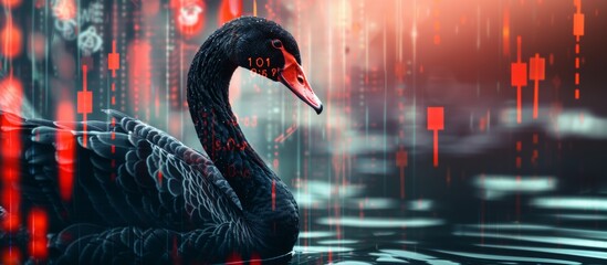 Black Swan on the background of crypto currency charts. Concept. A rare and unexpected event that has a major effect, such as a financial cripto crash . It is a metaphor used in science or economics