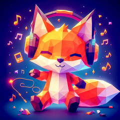 Low poly art red fox wearing headphones vibin to music