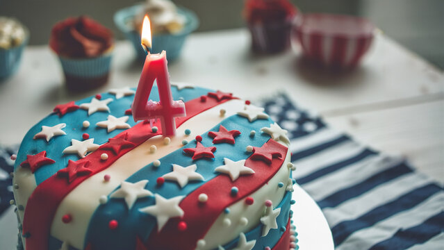 Cake in USA national flag colors with a candle in shape of number 4 - Powered by Adobe