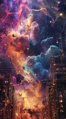 A nebula reimagined as a pop art advertisement, complete with a catchy slogan about the wonders of space