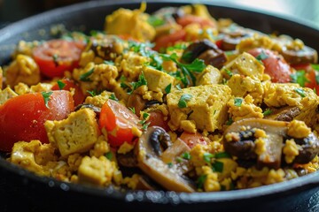 Savory Tofu Scramble with Mushrooms, Tomatoes and Vegetables. A Vegan Breakfast Delight