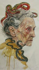 Old witch woman with snakes in hair. character design watercolor and pencil. red gold green
