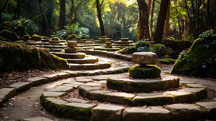 Stone pathways leading to meditation spots.